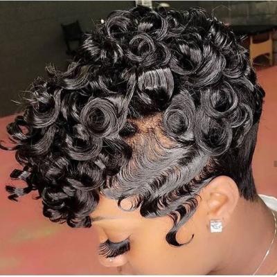 China Other wholesale pixie cut short 100% virgin hair wigs pixie cut brazilian curly short bob pixie cut lace wig with bang for sale