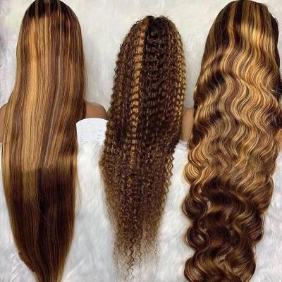 China Brazilian Human Hair 5x5 Density Full Body Wave Highlight Wig 13x4 Frontal Raw Virgin Hair 200% 250% Lace Closure Wigs for sale