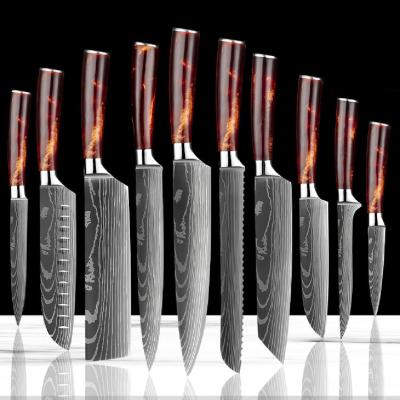 China Stocked Modern Wholesale Price 10pcs Stainless Steel Santoku Sharp Wooden Chef Knives Kitchen Knife Set for sale