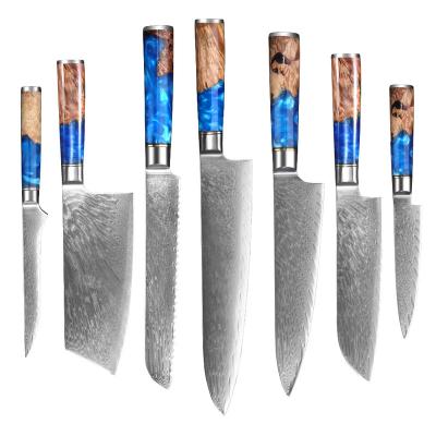 China Stocked Wholesale 67 Layers Steel Kitchen Knife Chef Damascus Set With Premium Blue Resin With Knot Wood for sale