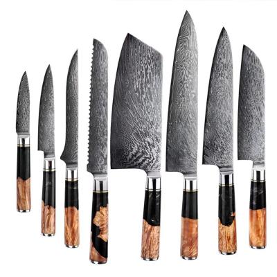 China Handmade Kitchen Stocked 8pcs VG10 Hot Colorful Resin Wood Handle Damascus Chef Blade 67 Layers Japanese Steel Damascus Knife Set for sale