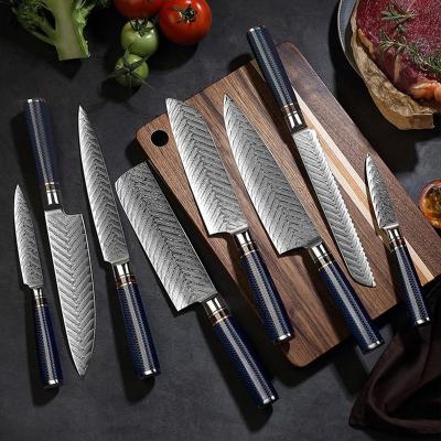 China New Stocked 9 Pieces Stainless Steel Damascus Knife Set Chef Knife With Colorful Aluminum Honeycomb Resin Handle for sale