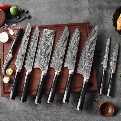 China Stocked High Quality 9 Pieces Damascus Knife Set AUS10 67 Layers Group of Ten Steel Handle Knife Damascus Knife Chef Kitchen for sale