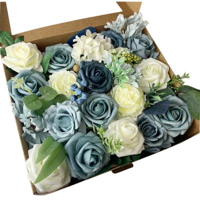 China Silk fabric + foam artificial flower combo box white roses artificial flower for wedding bouquet for sale