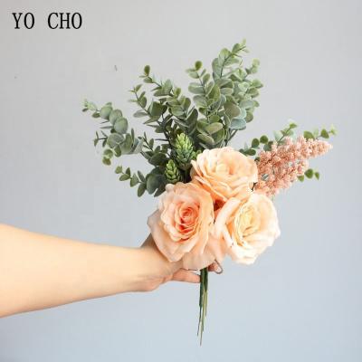 China Artificail Rose YO CHO Handmade Exquisite Silk Rose Eucylaptus Leaves Flower Bouquets Wall Decor Bouquet Artificial Flowers for sale