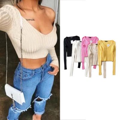 China Anti-pilling 2021 Hot Sale Autumn Women Off Shoulder Long Sleeve Casual Deep V-Neck Fashionable Casual Deep Crop Top Knitted Sweater Top Knitted Sweater for sale