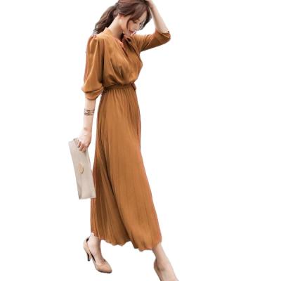 China Spring Anti-Static Wholesale Clothing Sleeve Women's Long Round Neck Chiffon Casual Dress for sale