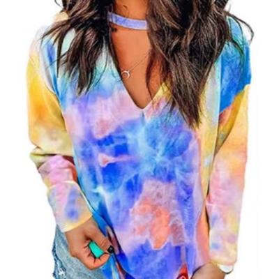 China Breathable Tie Dye Long Sleeve Tops Tees Women Hollow Out V Neck T-shirt Autumn New Women Casual Loose Female T-shirt Tops Tee 2021 for sale