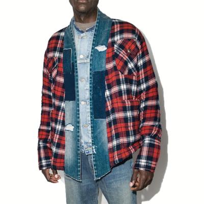 China Mens Red Plaid Anti-pilling Long Sleeve Shirts 100% Cotton Open Front Denim Jacket Shirts For Men's Designer OEM Casual Shirt for sale