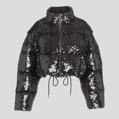 China 2022 Anti-Wrinkle Bubble Padded Luxury Replicas Brand Replica Wholesale OEM Down Black Cropped Custom Women Winter Coat Sequin Stripper Jacket for sale