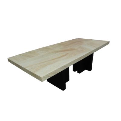 China Carolf Factory Convertible 2.4 Meter Length White Travertine Natural Marble Top Wooden Legs Low Dining Table for sale