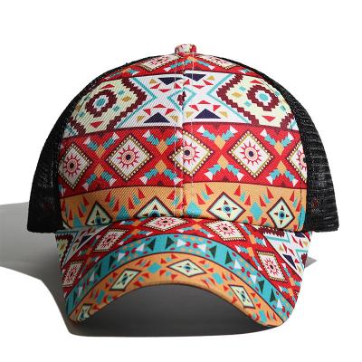 China High Quality New Arrival Fashion Street Decoration Hat Pattern Printing Truck Driver Hat Cross Ponytail Mesh Baseball Hat for sale