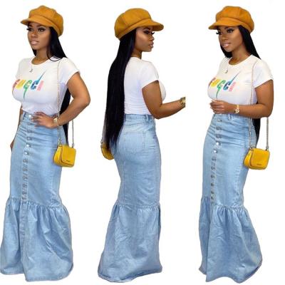 China Bestselling 11AF076 High Waist Anti-Static Button Splicing Bud Ladies Clothing Fashion Woman Denim Maxi Skirt for sale