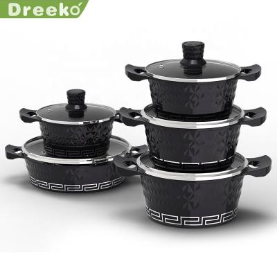 China Sustainable 10pcs Black Diamond Shape Non Cast Aluminum Stone Stick Marble Sauce Pot With Lids Casserole Set for sale