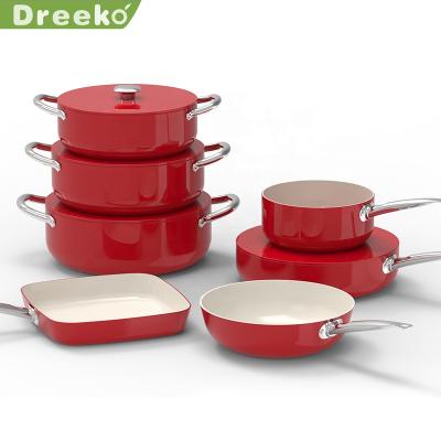 China Viable Red Pressed Aluminum With Ceramic Nonstick Coated Frying Pan Wok Cookware Aluminum Lid Casserole Set for sale