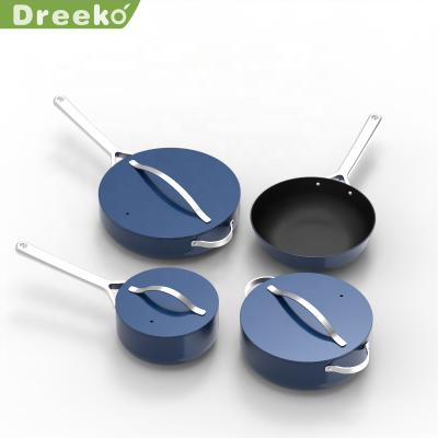 China Viable new design blue nordic smart kitchenware pressed aluminum cookware wholesale with aluminum lid for sale