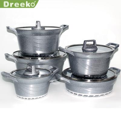 China 10pcs 20/24/28/32cm Aluminum Marble Stone Sustainable Gray Die-Cast Non-Stick Cooking Pot with Lids Casserole Set for sale