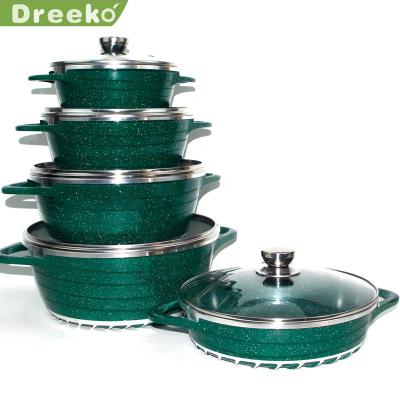 China Green 10pcs Sustainable Die Casting Aluminum Marble Non Stick With Lids Glass Casserole Sets for sale