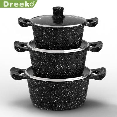 China 6pcs Black Matrix Sustainable Cast Aluminum Marble Coated Nonstick Cooking Pot With Lids Casserole Sets for sale