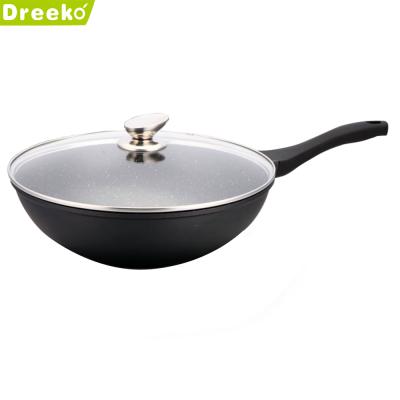 China Viable Cast 30cm Soft Touch Handle Aluminum Marble Nonstick Coating Die Cast Wok with Induction Base and Lid for sale