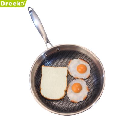 China Stainless Steel Triple Sustainable Honeycomb Non-Stick Frying Pan 28cm with Cast Steel Handle for Kitchen for sale