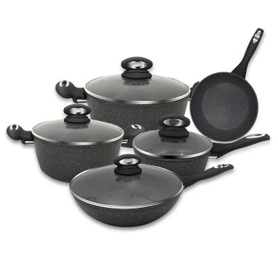 China Sustainable Logo Gray Tempered Aluminum Soft Grip Marble Coating Custom Cookware Safe Set With 9 Pcs for sale