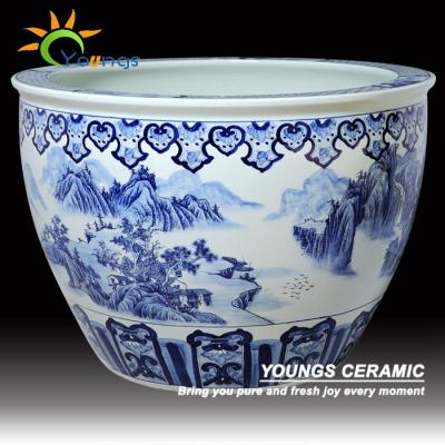 China Large Chinese Ceramic Antique Hand Painted Blue White Ceramic Planters Pots for sale