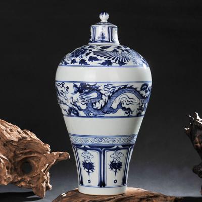 China ANTIQUE CHINESE AND WHITE YUANS DYNASTY BLUE DRAGON VASE GINGER CERAMIC POT AND WHITE for sale