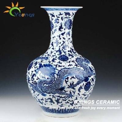 China Chinese Ceramic H56cm Big Blue Ceramic Dragon Vase Big Floor Porcelain White Vase for sale