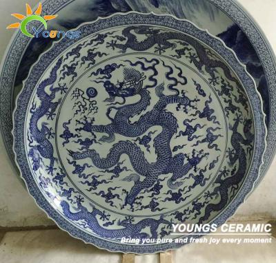 China China 3 Feet Tall Hand Painted White Ceramic Dragon Phoenix Design Blue And Dish for sale