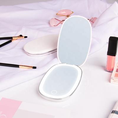 China Lighted Travel Folding Makeup LED Rechargeable Handheld Makeup Mirror Small Portable Hand Held LED Mirror Gift Rechargeable Folding Handheld Mirror for sale