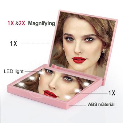 China Mini LED Makeup Mirror Hand Held Portable Folding Portable Folding Mirror Square Mirror Double Sided HD Makeup Mirror for sale