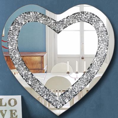 China Custom Crystal Crushed Diamond Heart Mirror with Silver Stainless Steel Chain Used for Wall Decoration Hanging Vanity Mirror for sale