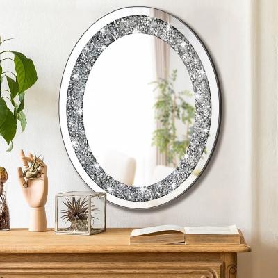 China Personalized Gorgeous Silver Crystal Broken Diamond Oval Mirror With Chain Stainless Steel Decoration Wall Hanging Makeup Mirror for sale