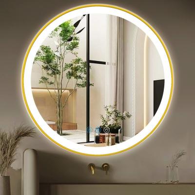 China Gold Lighted Bathroom Round LED Mirror With Lights Gold Frame 20 Inch Round Lighted Mirror For Bathroom Wall Round Vanity Lighted Mirror for sale