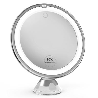 China Lighted 2023 10x Magnification Lighted Makeup Mirror with Touch Control LED Lights Rotating Arm and 360 Degree C Powerful Locking Suction for sale