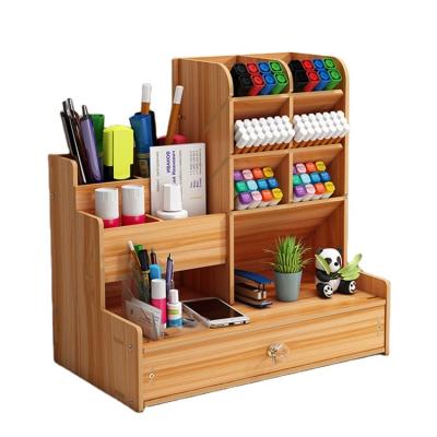 China Tonsmile DIY Pen Holder Box Bamboo Wooden Stationery Drawer Desk Multifunctional and Decreased Desktop Organizer with Phone Holder for sale