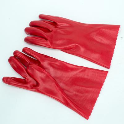 China Anti-slip gauntlet cuff cottonLined red color PVC coated chemical glove for sale