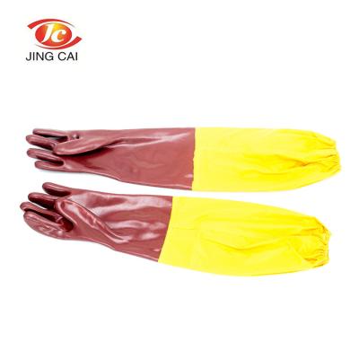 China Cute Heavy Industry JingCai Woman Pink Cuff PVC Gloves Long With Sleeve Kitchen Tableware Household Gloves for sale