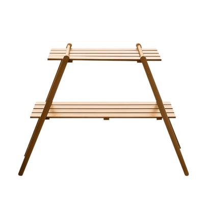 Cina Outdoor Furniture Double Layer Wood Folding Rack Display Standing Camping Wooden Shelf in vendita