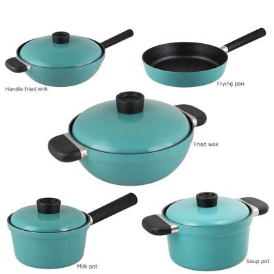 China Triple Sustainable Aluminum Cookware 4pcs Pan Deep Draw Cookware Set Chinese Wok Omelet Pan Stock Pot Nonstick With Induction Bottom for sale