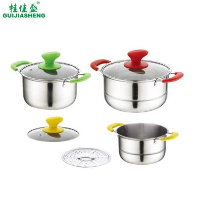 China 6pcs Picnic Cookware Sets Stainless Steel Best Selling Sets of Cooking Pot with Steamer Color Handle Cheap Kitchen Metal Pot Set for sale