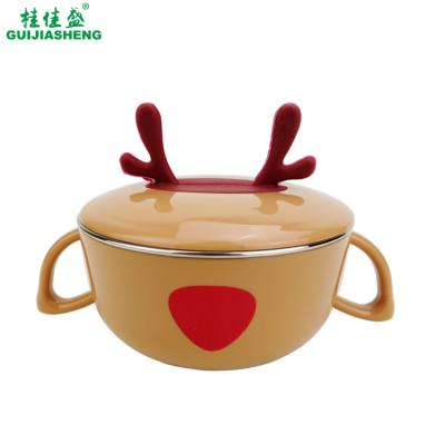 China 10.5cm Kids Bowl Stainless Steel Children Breakfast Bowl with Cartoon Plastic Deer Horn Cover Double Handle Soup Food Bowl for sale