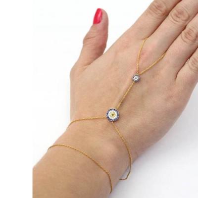 China Trendy Silver Bracelet With Ring Attached EvilEye Gold Chain Bracelet for sale