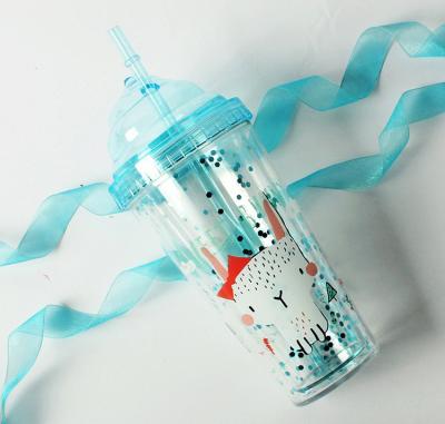 China Sustainable Customizable Cute Double Plastic Cup With Straw For Kids Ice Cream Plastic Water Bottles for sale