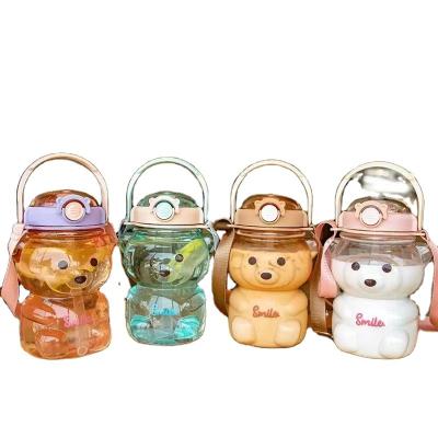 China Sustainable Plastic Water Bottle 1400ml Bear Shape School Kids Bottle Clear Cartoon Straw Cup For Children for sale