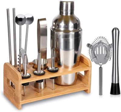 China 2022 Cocktail Shaker Bar Tool Wine Cup 304 Mixing Custom Logo Silver Black Bartender Kit Set Stainless Steel Cocktail Shaker With Wooden Bamboo for sale