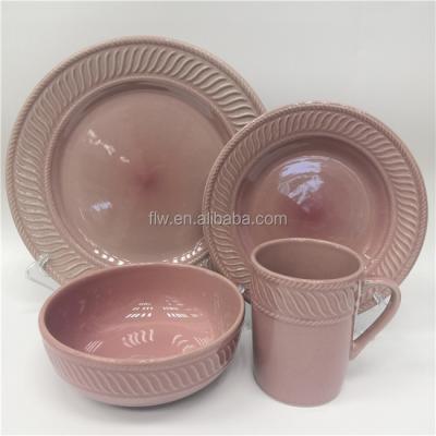 China Sustainable 16pcs Embossed Stoneware Dinnerware Set Color Glazed Hotel Restaurant Ceramic Dinnerware Set for sale