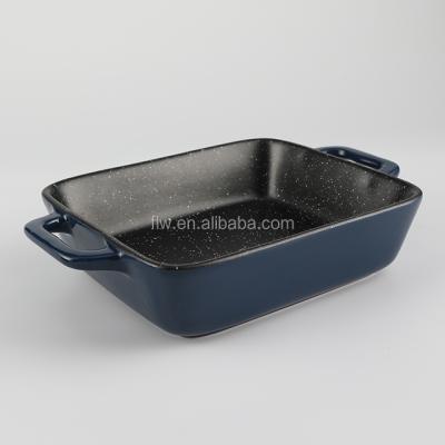 China Sustainable Home Used Kitchenware Blue Rectangle Shape Porcelain Ceramic Bakeware With Double Handle for sale