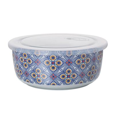 China Personalized Microwavable Padded Printing Ceramic Food Container Bowl With PP Lid for sale